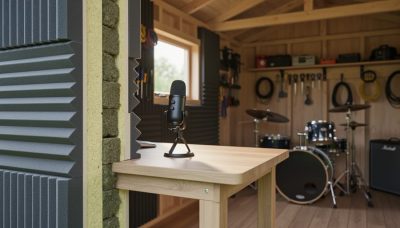 “Inside view of a soundproofed garden shed showing acoustic insulation, sealed wall seams, and a drum-and-recording setup in natural light.”