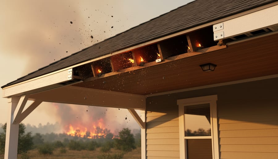 Wide view of a home exterior showing an attached carport with open soffit/eaves that could allow embers to enter.