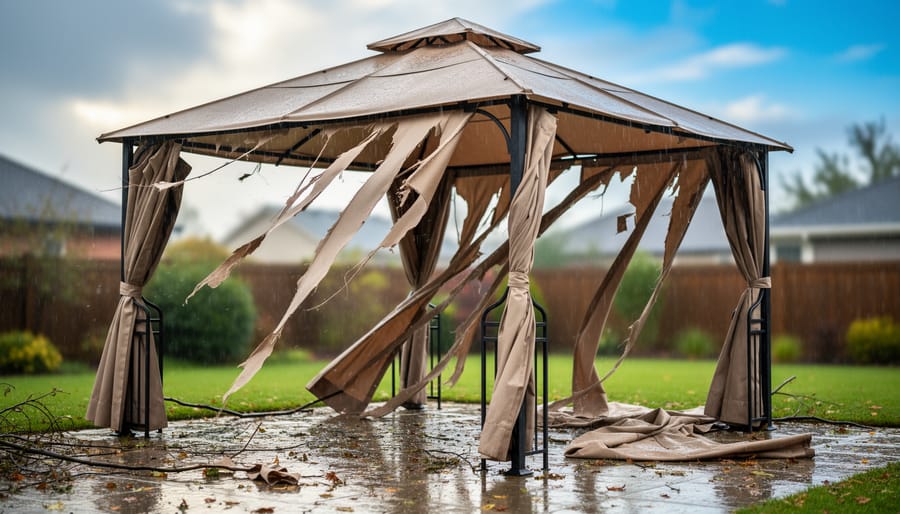 Wind-damaged metal gazebo with torn canopy and bent roof supports during an overcast storm