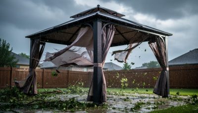 Wind and storm rain whip torn fabric on a damaged backyard gazebo, with the canopy lifted and distorted by strong gusts.