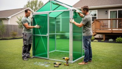 Two people work on assembling a 6x8 greenhouse frame in a backyard, with a wall panel held in place and tools nearby.