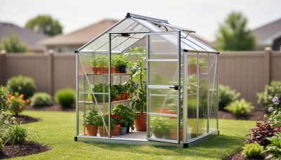 A compact 6x8 greenhouse kit with clear panels in a suburban backyard surrounded by greenery.