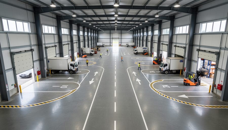 Inside a large garage showing cars parked in multiple bays with visible aisle and access space.