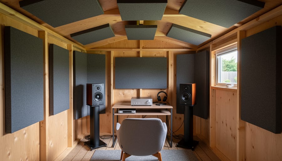 Corner of a shed man cave showing acoustic panels and bass traps for improved sound quality