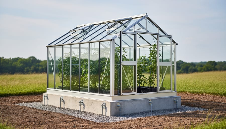 Backyard greenhouse showing secure ground anchoring hardware under warm sunlight.