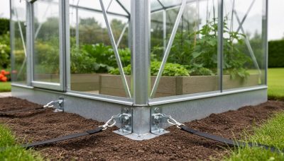 Close view of a greenhouse base frame secured with ground anchors and tension straps on a home property to prevent wind damage.