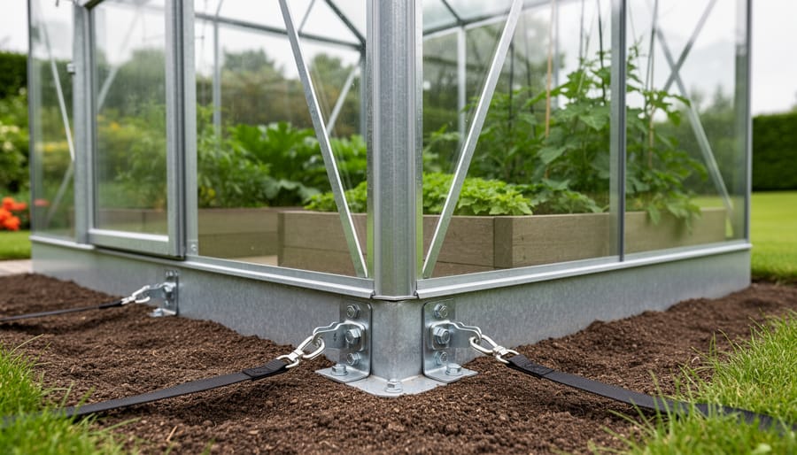 Close view of a greenhouse base frame secured with ground anchors and tension straps on a home property to prevent wind damage.