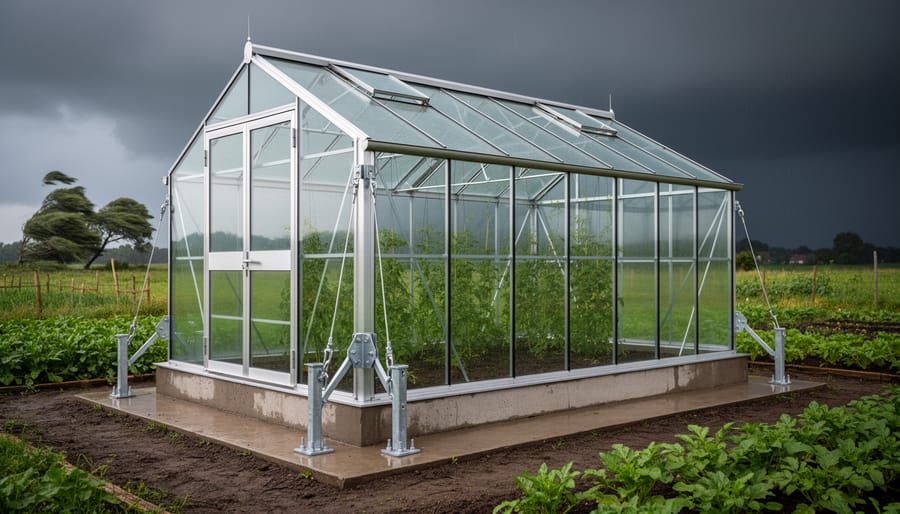 Wide view of a greenhouse with anchored frame staying steady under stormy winds.