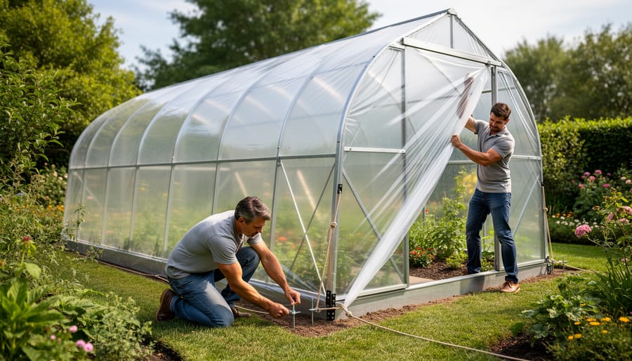 A fully assembled portable greenhouse with taut cover and visible ground anchoring straps.
