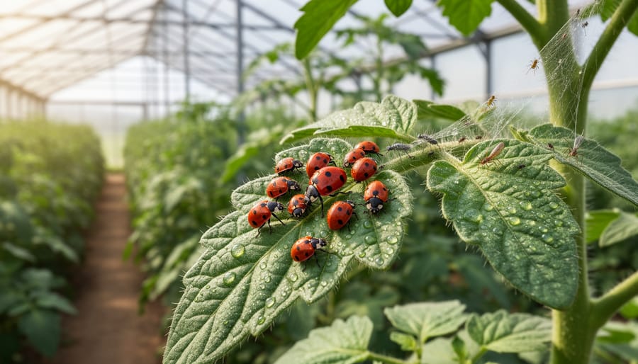 Beneficial insects near potted plants in a greenhouse, showing natural biological control support.