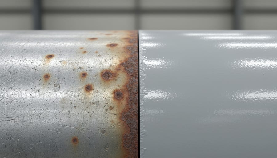 Close-up of a carport steel beam showing rust spots and a freshly coated section