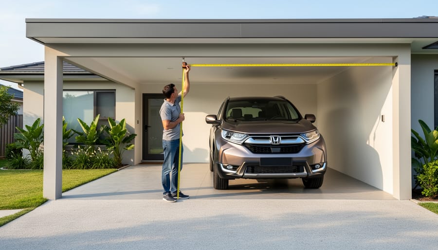 Homeowner using a ladder and measuring tape to check clearance above a parked SUV under a carport opening