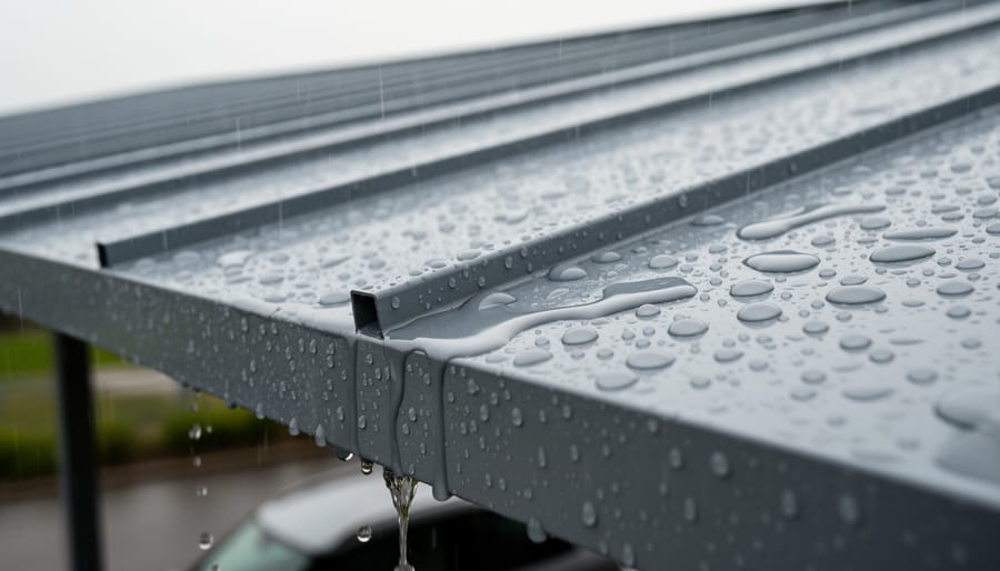 Rainy coastal carport underside with water beading and runoff on coated metal beams