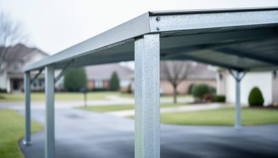 Close-up view of a coated galvanized steel carport frame with water droplets beading on the metal, suggesting corrosion protection.