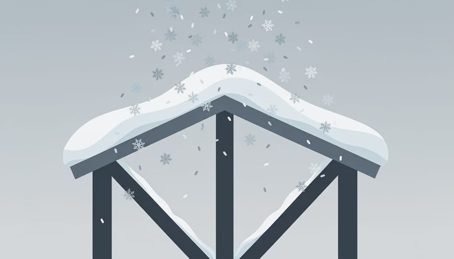 Steel greenhouse support members in snow under dramatic winter lighting, suggesting structural strength.