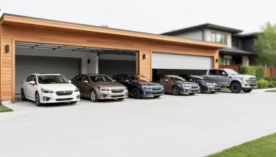 Wide view of a modern residential garage with multiple parked cars and tall garage doors, suggesting an eight-car layout and planning considerations.