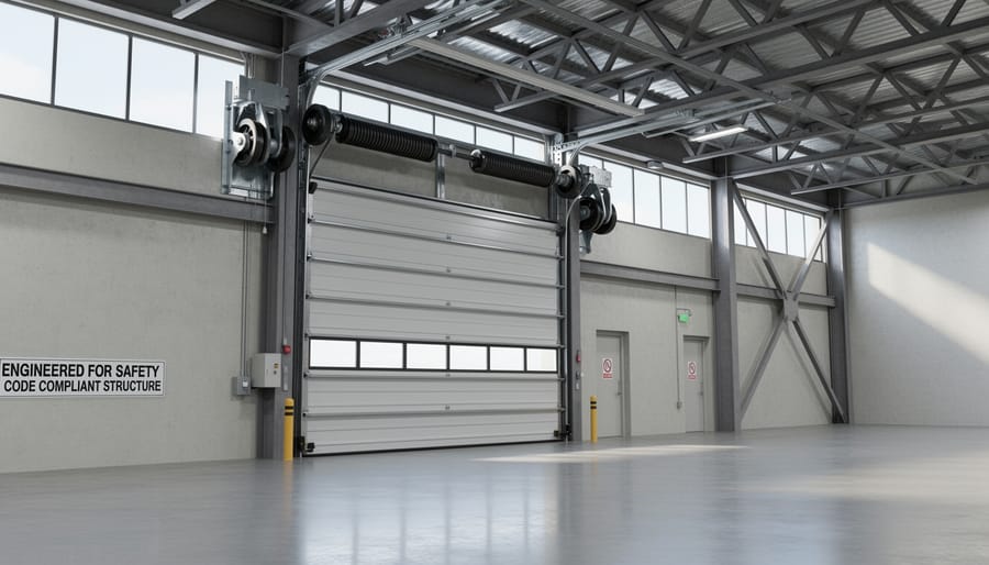 Close view of a structural column and garage door track inside an unfinished large garage interior.