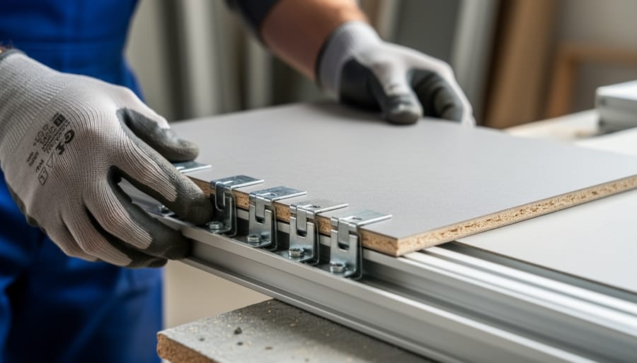 Gloved hands fitting a polycarbonate greenhouse panel into its metal mounting track.