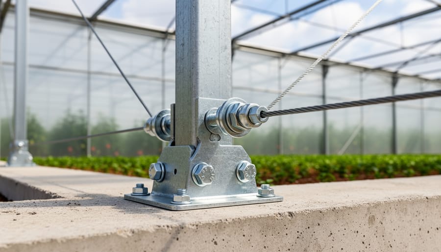 Homeowner tightening greenhouse anchor bolts with a wrench at the base rail.