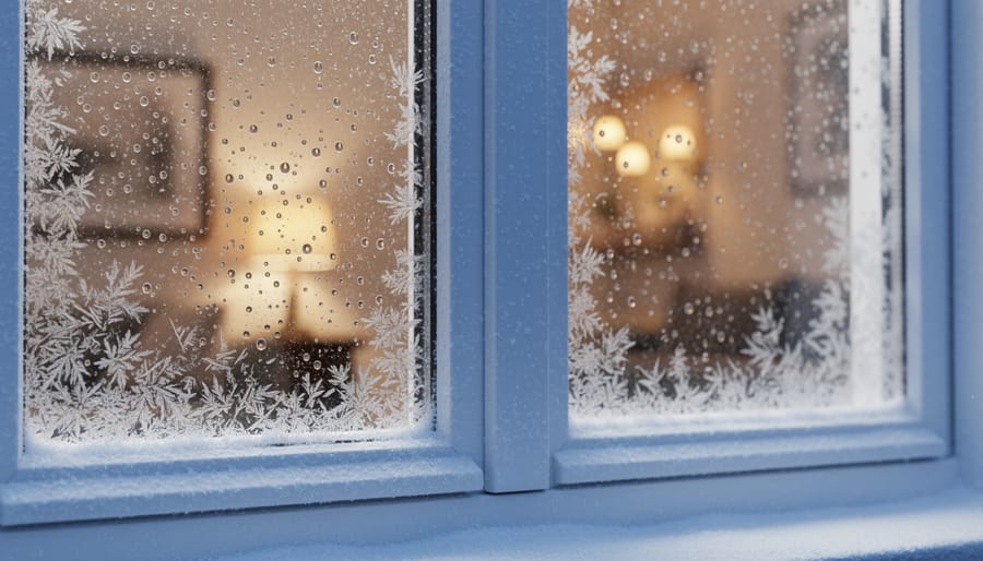 Cold-weather greenhouse corner showing condensation and slight frost on the inner glazing surface.