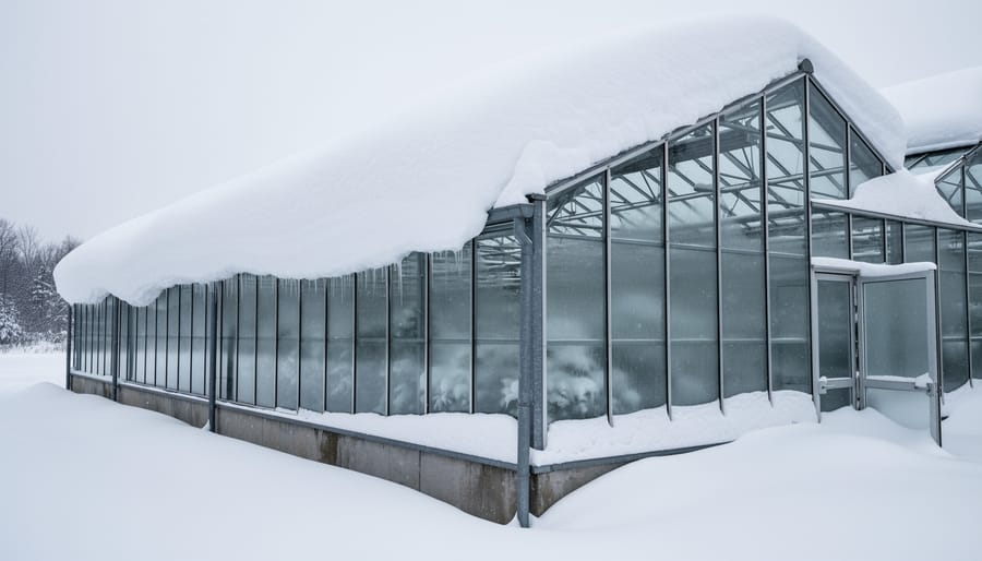 A greenhouse roof and frame covered in heavy wet snow, showing snow weight impact on the structure.