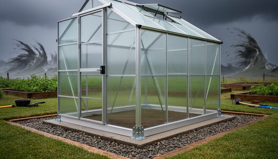 Concrete slab base with visible anchors and greenhouse corner connection showing proper installation.