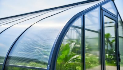 Residential greenhouse exterior with translucent glazing panels showing light diffusion and clear panel texture.