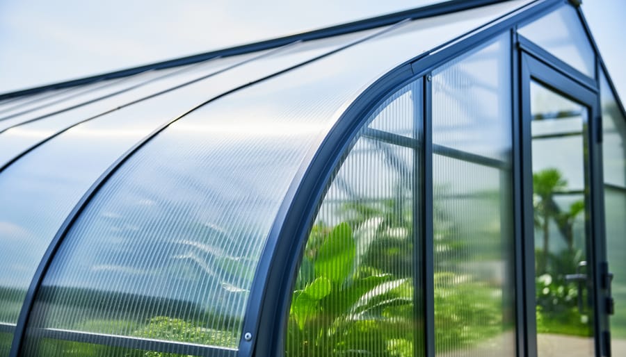 Residential greenhouse exterior with translucent glazing panels showing light diffusion and clear panel texture.