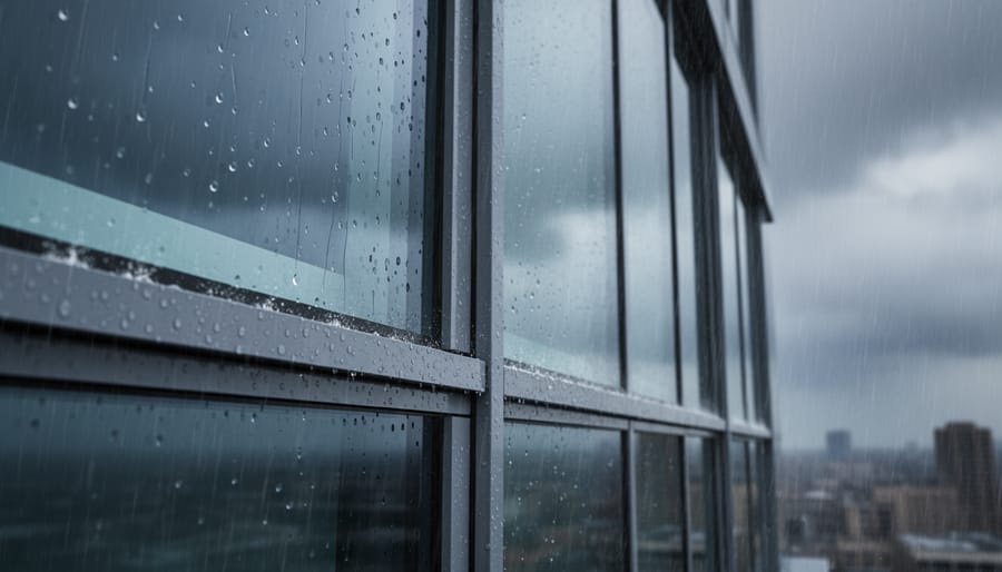 Greenhouse exterior in heavy rain with water streaks across glazing and emphasis on the frame and anchoring points.