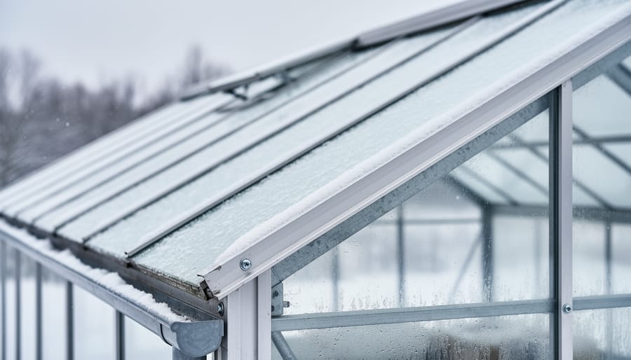 Close-up view inside a greenhouse showing roof truss beams and a light powder snow layer on panels.