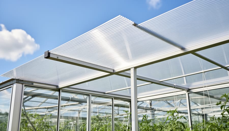 Wide view of a greenhouse roof frame covered with clear twin-wall polycarbonate panels above garden beds.