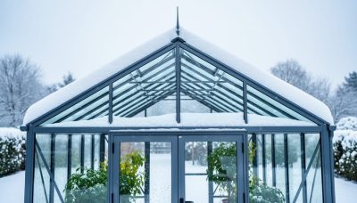 Backyard greenhouse frame and roof covered with heavy wet snow, emphasizing structural support in winter conditions.