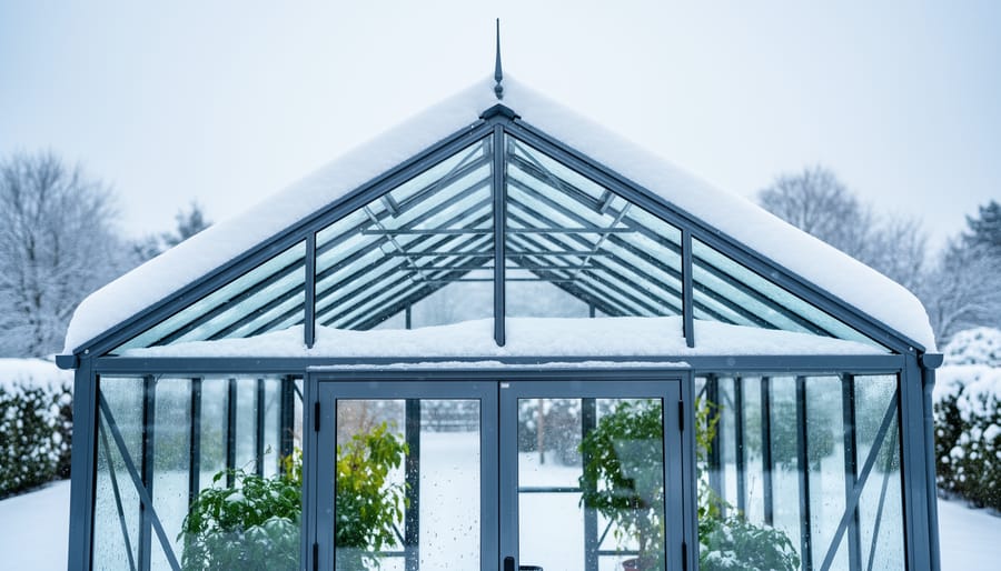 Backyard greenhouse frame and roof covered with heavy wet snow, emphasizing structural support in winter conditions.