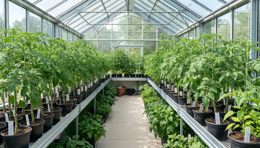 Healthy seedlings in a clean, organized hobby greenhouse with screening and a sticky trap placed near plants.
