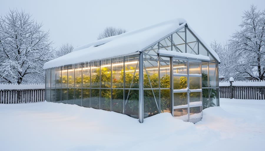 Heavily built greenhouse still standing intact in a snow-covered winter landscape