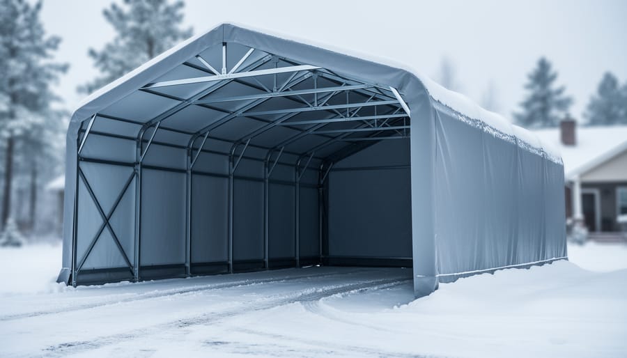Heavy duty portable garage with a reinforced arched metal frame covered with fresh snow in an outdoor winter setting.