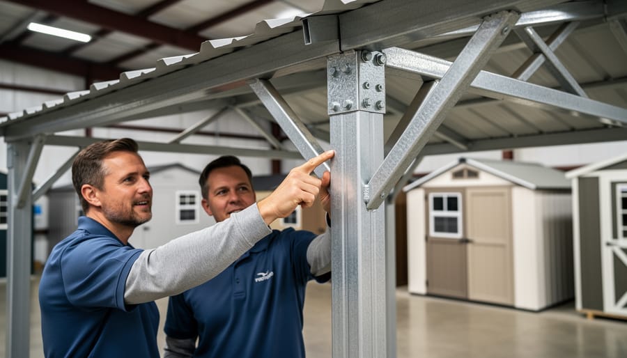 Homeowner inspecting greenhouse kit frame bolts and roof braces in a snowy yard