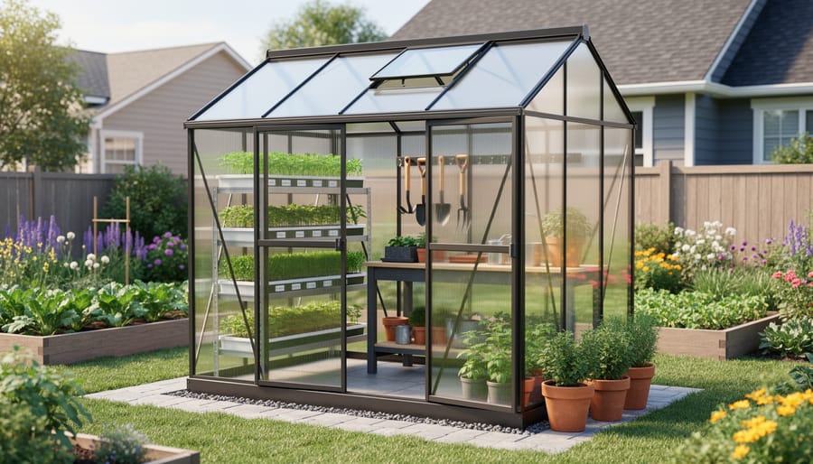 Homeowner adjusting the greenhouse door and organizing seed trays inside a small backyard greenhouse.
