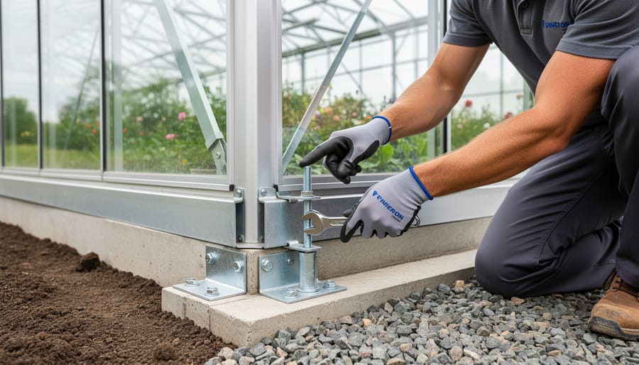 People inspecting a greenhouse kit foundation and base plates in winter conditions.