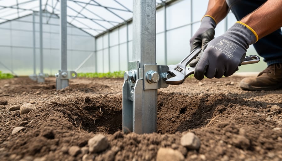 Close-up of an installed auger ground anchor in soil next to a greenhouse base.
