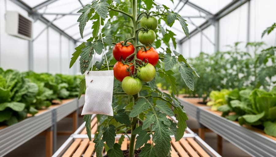 Healthy tomato plants inside a greenhouse with beneficial insects and careful, non-chemical pest management elements visible among the leaves.