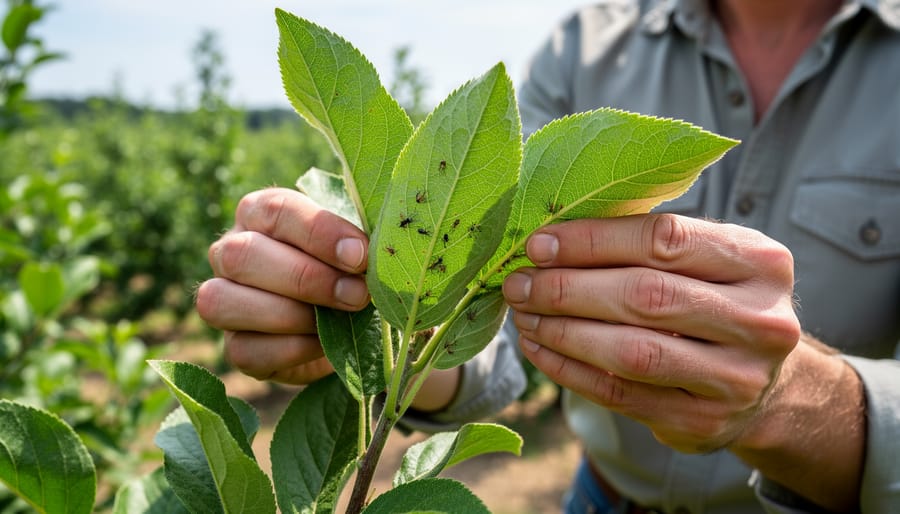 Close-up of a hand inspecting the underside of a plant leaf with a magnifying glass, revealing small aphids.