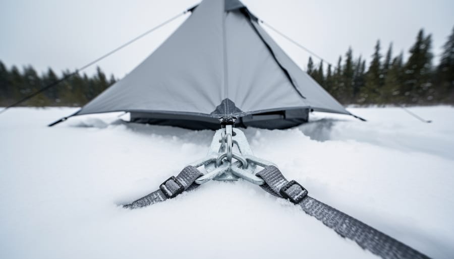 Galvanized anchoring hardware laid beside a portable livestock shelter base on frozen ground