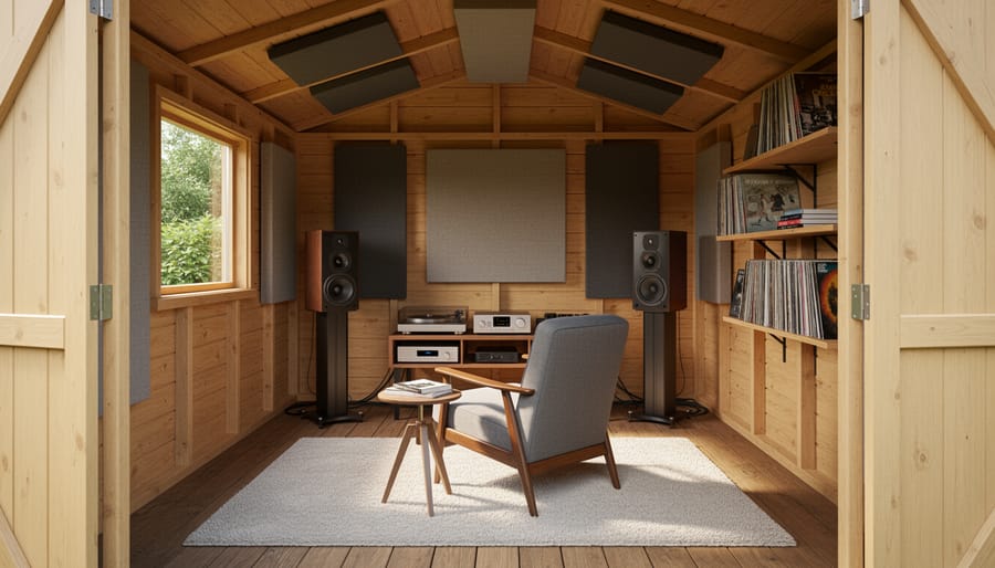 Shed man cave interior with mounted speakers and a listening area arranged for gaming and movies
