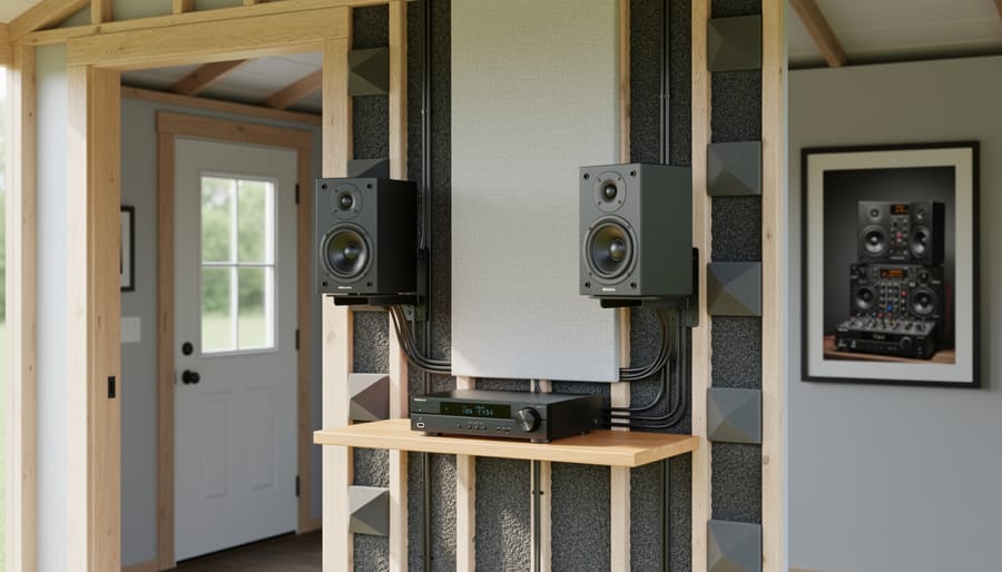 Inside a backyard shed man cave showing speakers and acoustic soundproofing panels around the walls with a compact audio receiver setup.