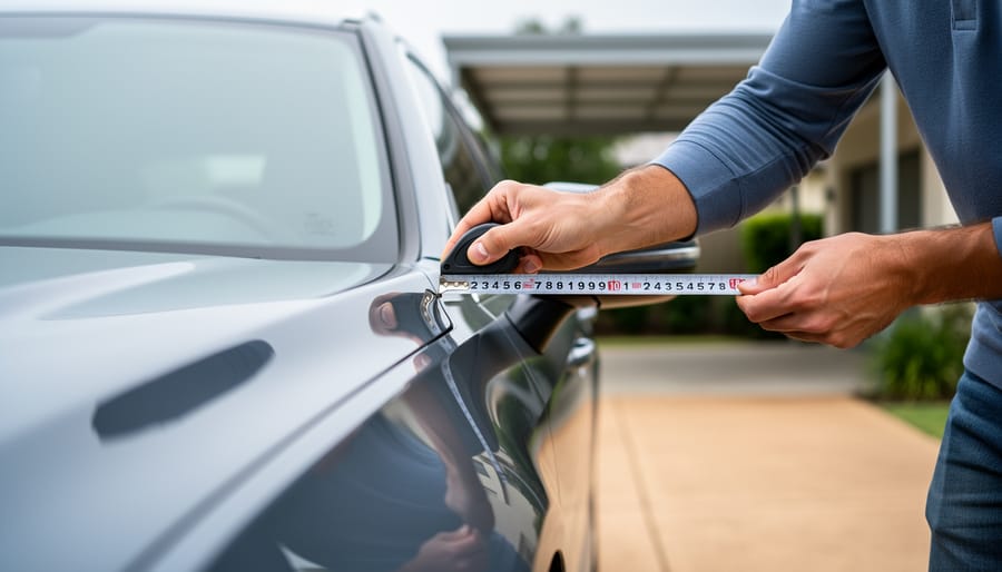 Homeowner measuring a vehicle’s dimensions with a retractable tape measure to plan a carport fitment.