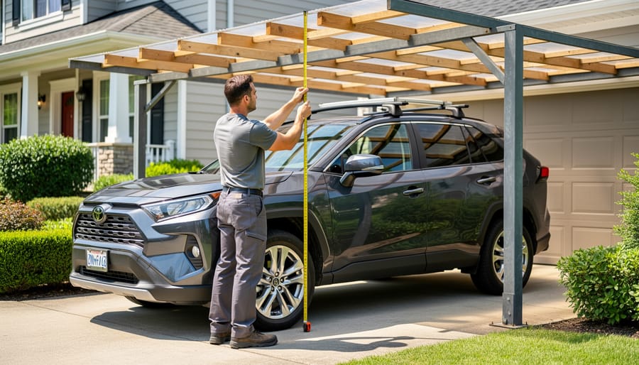 Helper measuring tape held near the roofline of a parked SUV for carport fitment