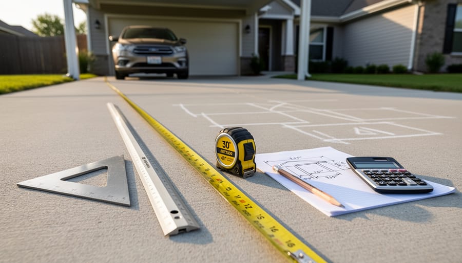 Measuring tape and notepad placed on driveway near a vehicle wheel and mirrors for vehicle fitment measurements