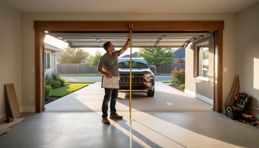 Contractor using a tape measure and laser distance tool near parked vehicles to confirm space requirements.