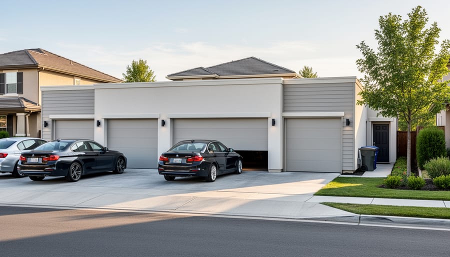 Wide view of a modern exterior multi-bay garage with multiple doors and surrounding landscaping.